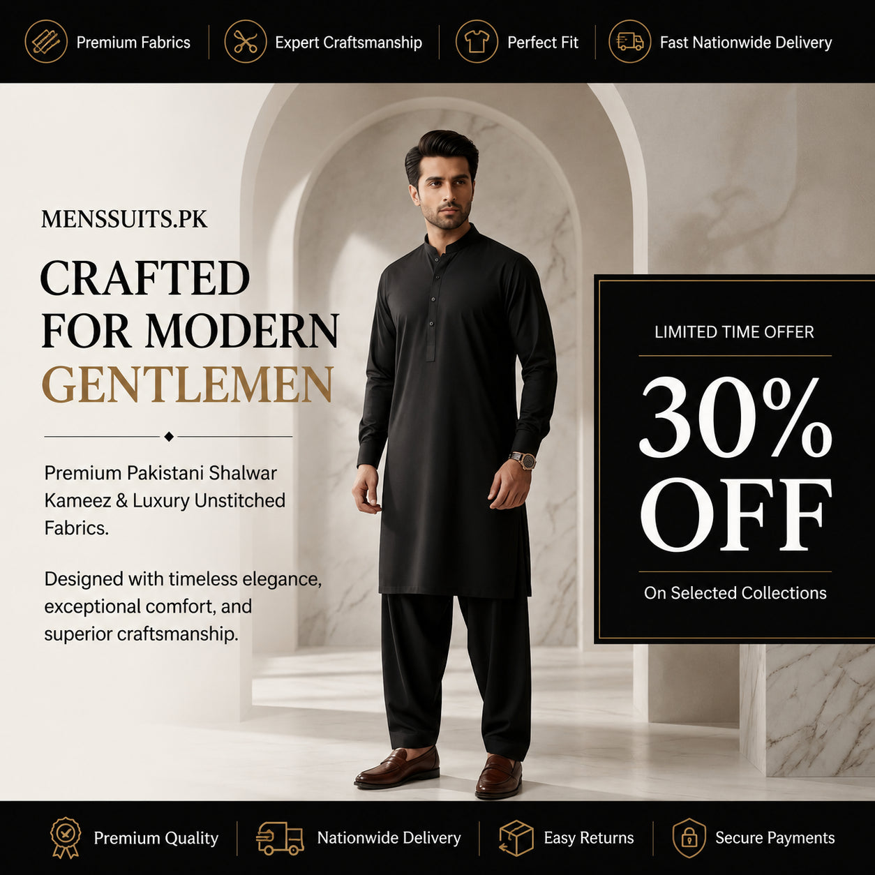 A man modeling a black traditional men's kurta and trousers set in an elegant marble hallway. The image is a promotional banner for 'MENSUITS.